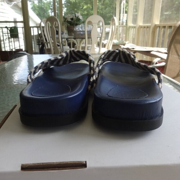 JF women's slide on sandals, size 11, blue /cream /white cloth top strap, cushy - Picture 9 of 10